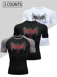 Men's Three-Piece Quick-Drying Compression Sports T-Shirt Set - Made of breathable, moisture-wicking polyester, featuring a Gothic-style print, elastic short sleeves, suitable for running, cycling, and fitness training Athletic Workout Clothing