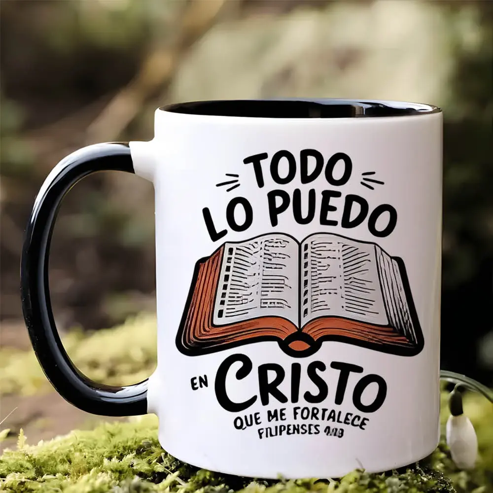 11 Ounces Ceramic Coffee Mug with Inspirational Spanish Quotes Reusable, Insulated, Hand Wash Coffee Lover Only The Perfect Gift for Men And Women Black And White Design with El Libro De Cristo Illustrations, Travel Coffee Mug| Religious Themed Mug Funny