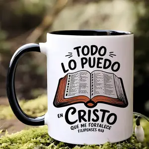 11 Ounces Ceramic Coffee Mug with Inspirational Spanish Quotes Reusable, Insulated, Hand Wash Coffee Lover Only The Perfect Gift for Men And Women Black And White Design with El Libro De Cristo Illustrations, Travel Coffee Mug| Religious Themed Mug