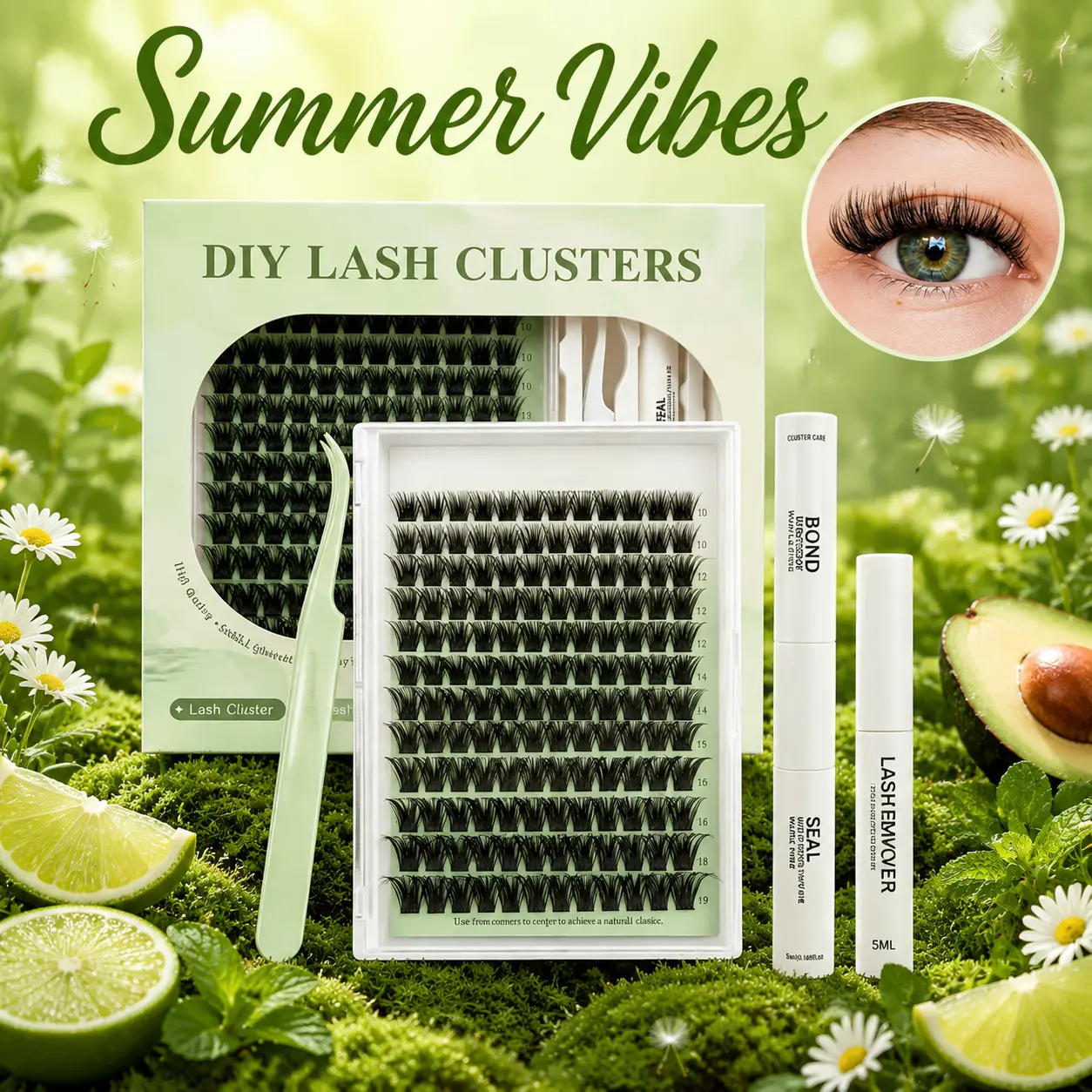 Lash Clusters Kit D Curl Wispy Fluffy Individual Eyelash Extensions 10-19mm Mixed Length Waterproof Sweatproof DIY Set with Bond Seal, Remover Tweezers Long-Lasting Easy Apply Coquette Soft Girl Doll Eye Beach Daily Party Wedding Festival Women Beginners