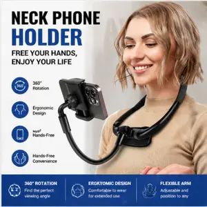 Neck Phone Holder – 16" Flexible Gooseneck, Magnetic Lock, Hands-Free Stand for Bed, Desk & Travel, Fits 4–7" Phones| Live Streaming & Vlogging Mount Cellphone Smartphone Grip Black US Adjustable Silicone