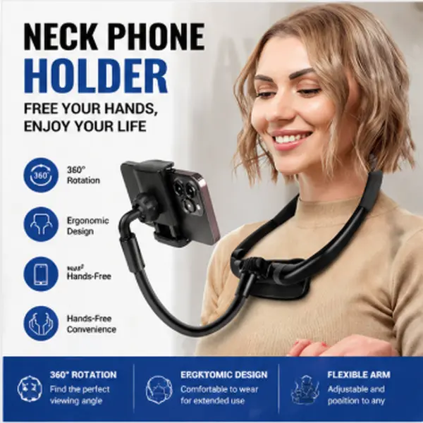 Neck Phone Holder – 16" Flexible Gooseneck, Magnetic Lock, Hands-Free Stand for Bed, Desk & Travel, Fits 4–7" Phones| Live Streaming & Vlogging Mount Cellphone Smartphone Grip Black US Adjustable Silicone