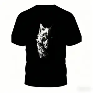 3D Wolf T-Shirt] Lightweight Polyester Blend Men's 3D Wolf Print T-Shirt  Black Casual Short Sleeve Summer Tee With Striking White&amp; Gray Wolf Design For Outdoor Sports&amp; Casual Attire