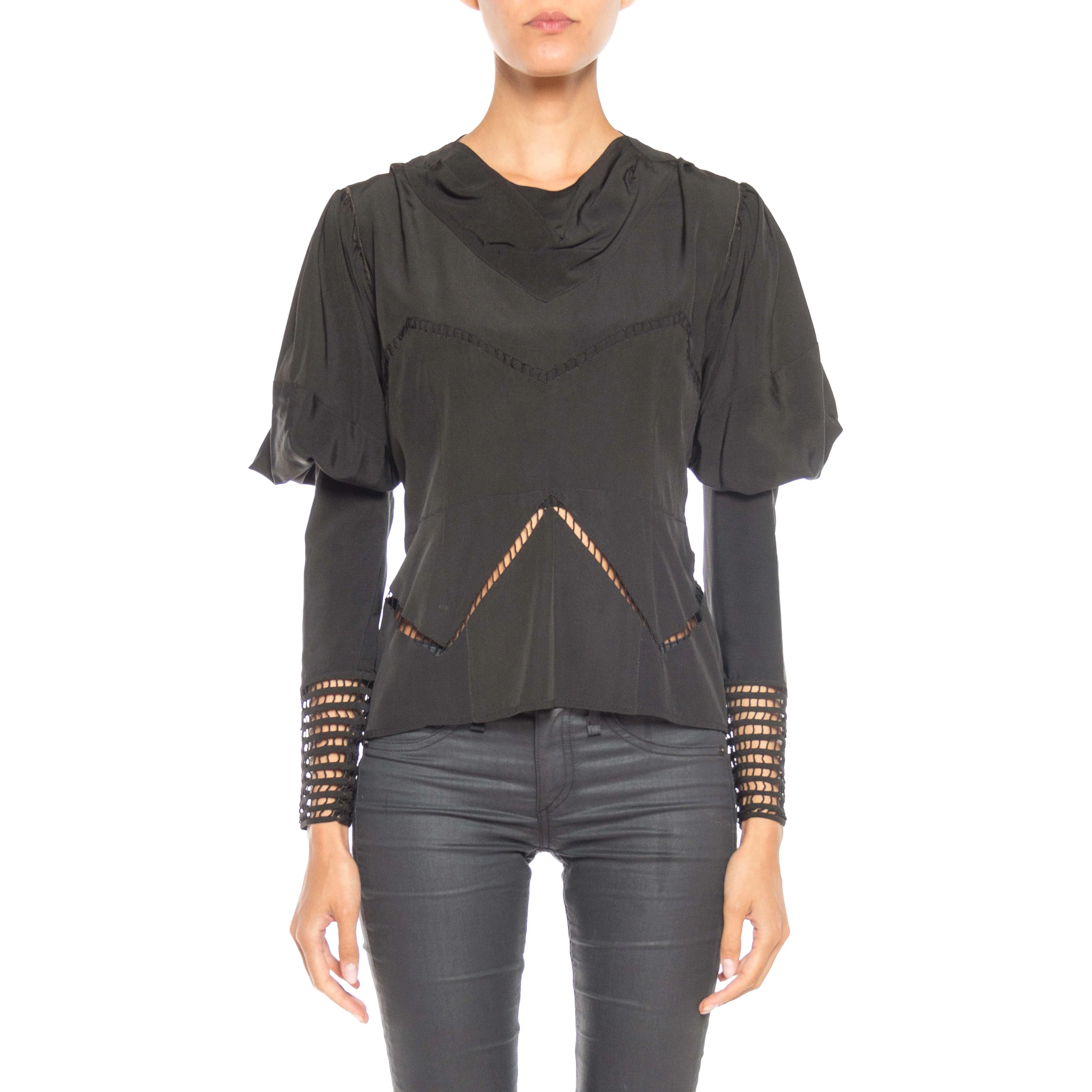 1930S Black Silk Couture Art Deco Blouse With Medieval Inspired Sleeves