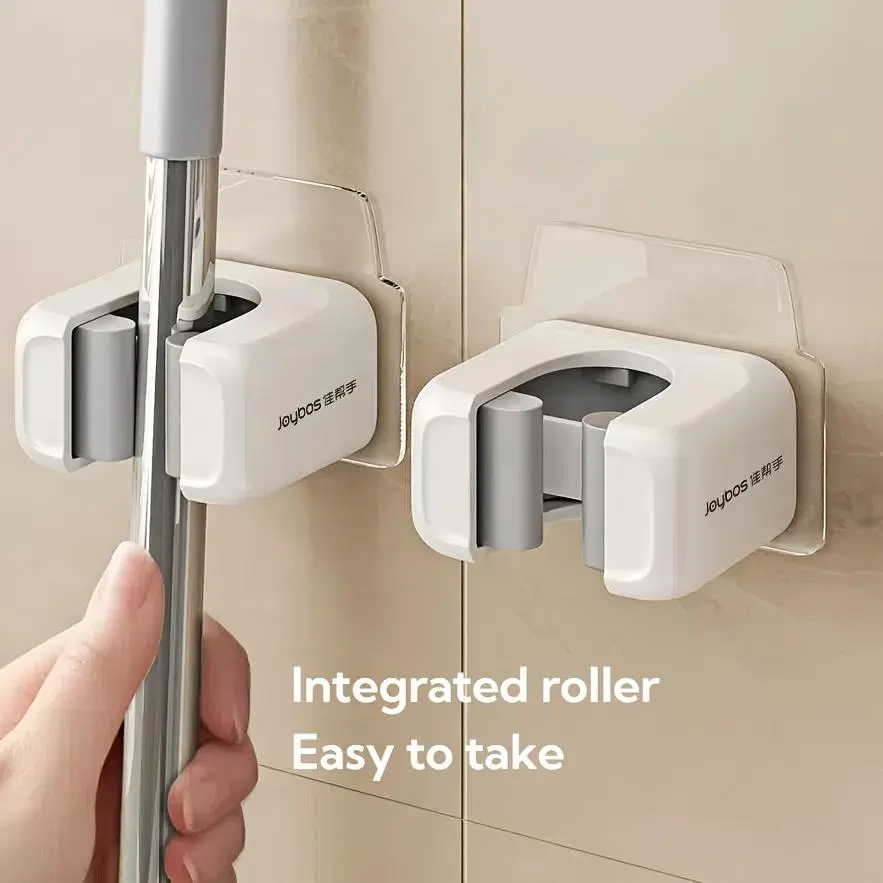 ABS 2-Pack Wall-Mounted Mop and Broom Holder, No-Drill Adjustable Durable Rust-Resistant Minimalist Storage Rack with Practical Hooks for Daily Bathroom, Office Home Organization