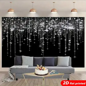 Black Silver Glitter Tapestry Wall Hanging, Starry Sparkle Curtain Design, 2D Flat Printed Backdrop for Wedding, Party, Photo Booth, Aesthetic Home Decor
