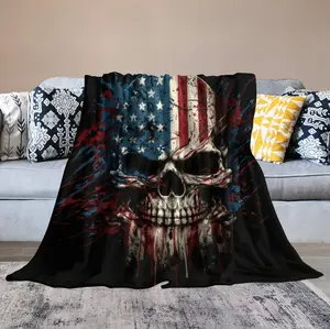 American Flag Gothic Flannel Blanket , Warm Lightweight Skull  Flannel Throw for Sofa, Bed, Travel, Camping,Office, Couch, Chair , Warm Nap Blanket for Home Office, Flannel Cozy Blanket
