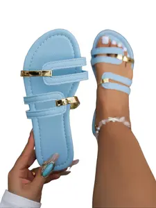 Women's Simple PU Slide Sandals with Metal Accents, Round Toe Single Strap, French Elegant Flat Shoes for Daily and Beach Wear