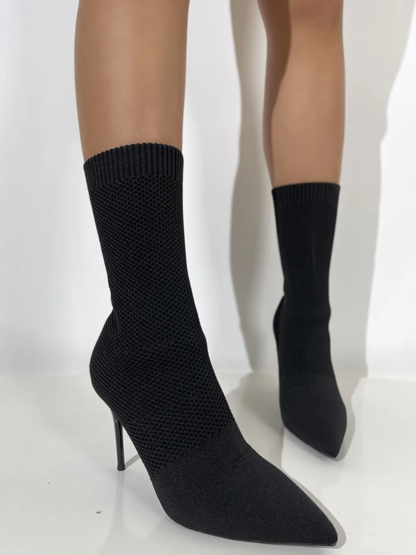 getmorebeauty Women's Sexy Pointed Toe Sock Ankle Boots Stiletto High Heels Mid Calf Booties Stretch Knit Shoes Warm Girl Footwear Black Rubber Winter Classic fall boots wide calf boots women