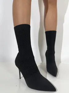 getmorebeauty Women's Sexy Pointed Toe Sock Ankle Boots Stiletto High Heels Mid Calf Booties Stretch Knit Shoes Warm Girl Footwear Black Rubber Winter Classic fall boots wide calf boots women
