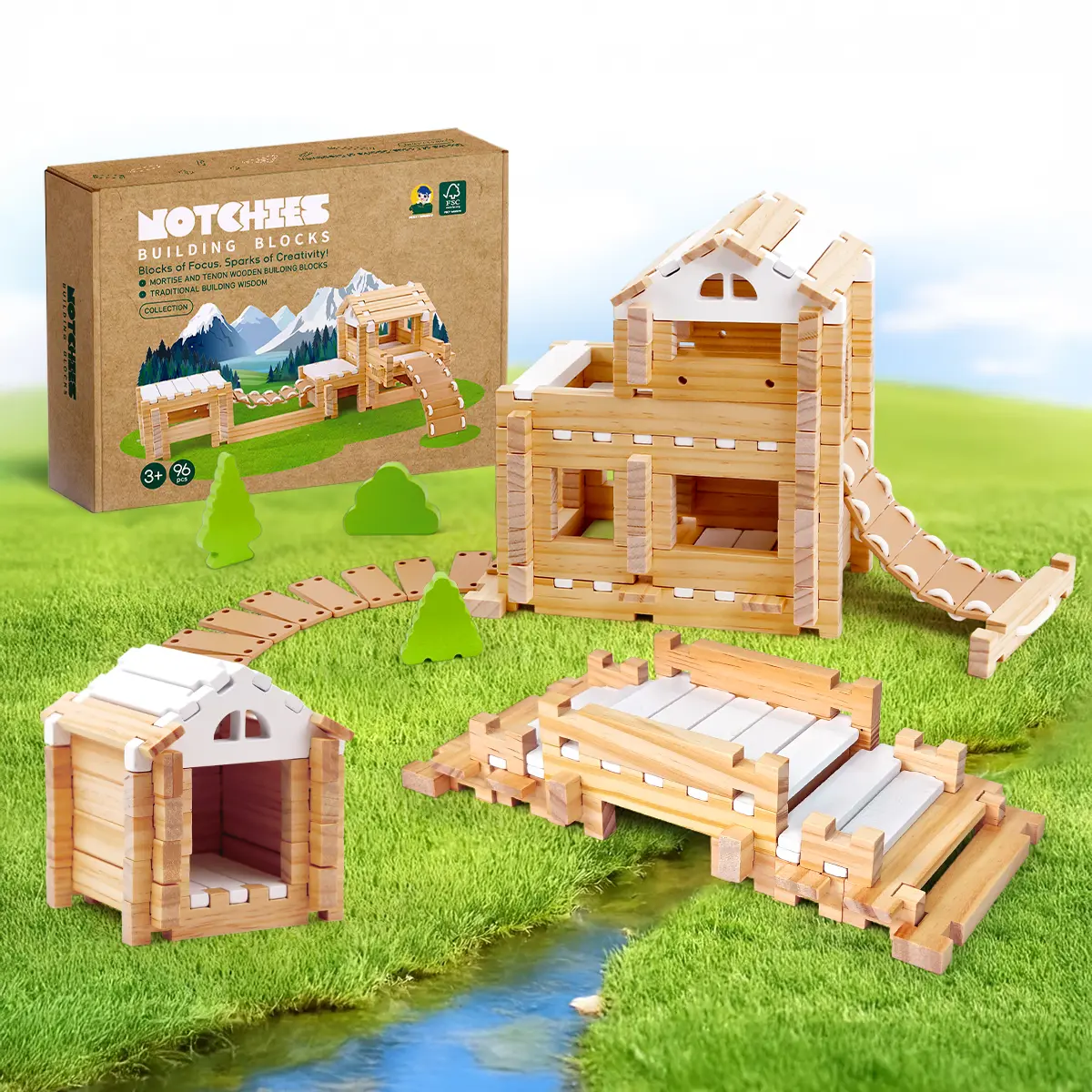Notchies Jovi-Mindly Wooden Building Block Set, 96-Piece Montessori Stacking Toy for Kids Ages 4-8, FSC Certified Non-Toxic Eco-Friendly, with Storage Bag & Box, Safe for Home & School Creative Play