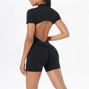 Pad Yoga Set One-Piece Short Sleeve Jumpsuits Women Legging Zipper Sport Shorts Rompers Ladies Fitness Active Bodysuits XP51