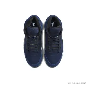 Midnight Blue Distressed Suede High-Top Retro 5 Basketball Shoes with Grey Mesh and Translucent Icy Blue Outsole