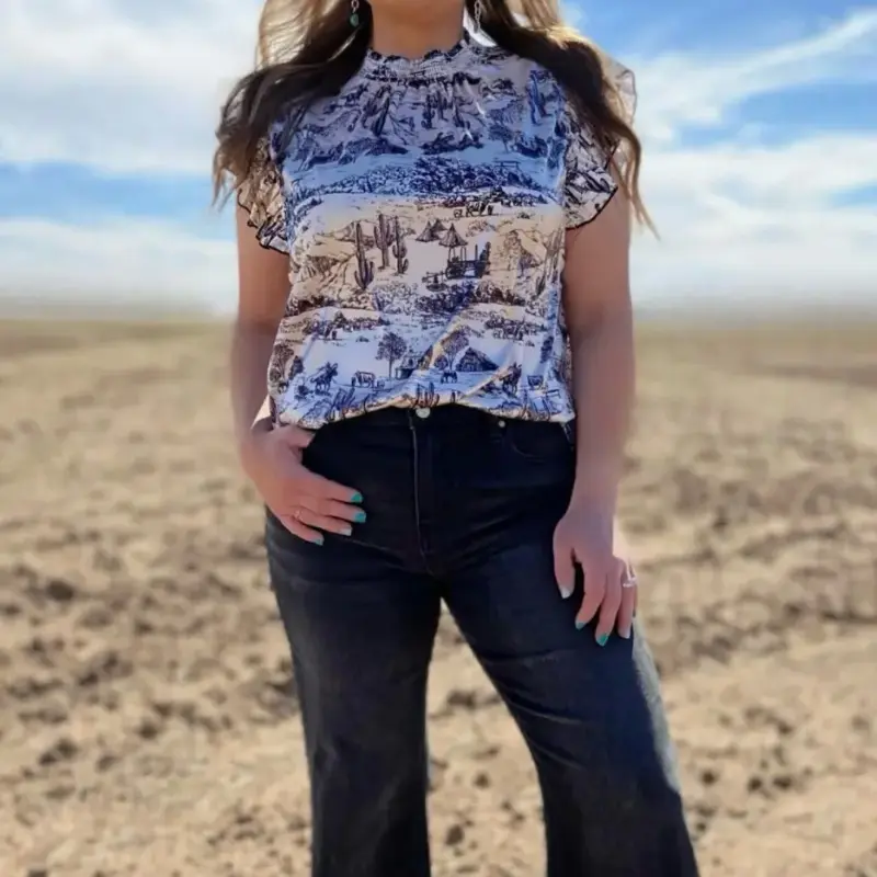 Women's 1-Piece Vintage Babydoll Cut Blouse Top - 100% Polyester Edit, Short Sleeve, Western Toile Print, Retro 70s Blouses & Shirts, Casual Wear