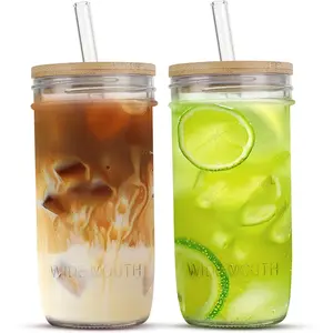 24 oz Glass Cups Set - 2 Pack Glasses Drinking Set with Leakproof   & Glass Straws, Clear Kitchen Glasses Tumblers for Iced Coffee, Juice and Smoothie