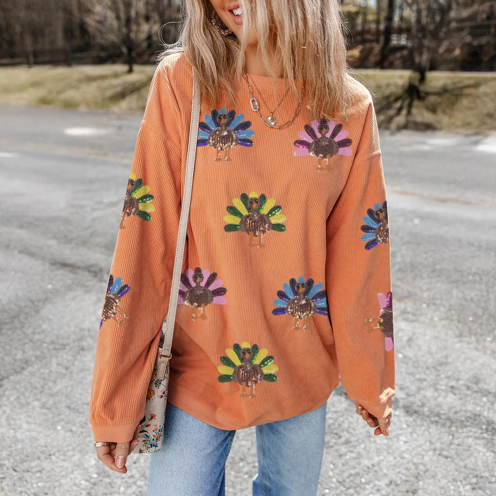 Znacicc Women's Thanksgiving Turkey Graphic Corded Oversized Longsleeves Round Neck Hoodie Sweatshirt - Casual Pullover for Festive, Everyday Wear