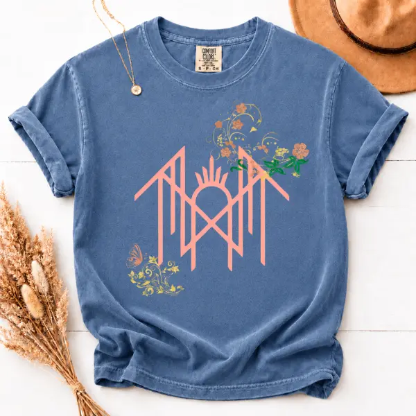 Women's Cotton Comfort Colors T-Shirt - Nordic Rune, Floral Sun Symbol Graphic, Boho Viking-Inspired Unisex Tee