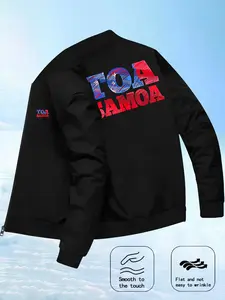 Men's Slim Fit Fitted Samoa Warrior Print Pilot Jacket, Full Zip Stand Collar Winter Coat, Toa Samoa Geometric Pattern, Casual Fall & Winter Outerwear