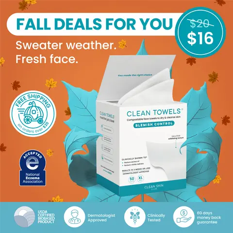 Clean Skin Club Blemish Control Clean Towels® XL, Compostable Face Towels, Light Exfoliation for Oily Skin, Eczema Association Accepted Disposable Face Towelette, Makeup Remover Dry Wipes, 50 count