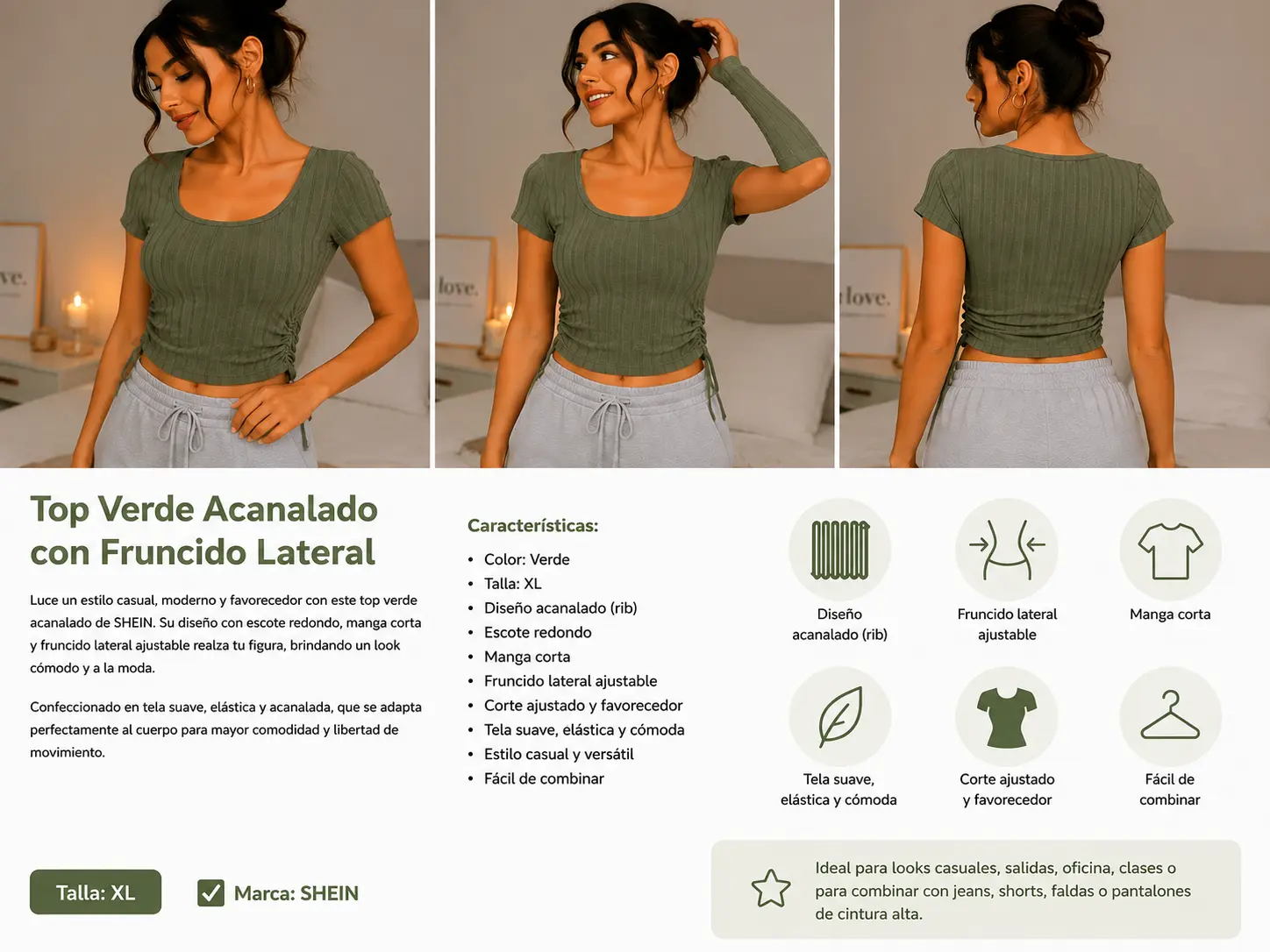 Top Acanalado Verde Oliva – SHEIN (Talla XL