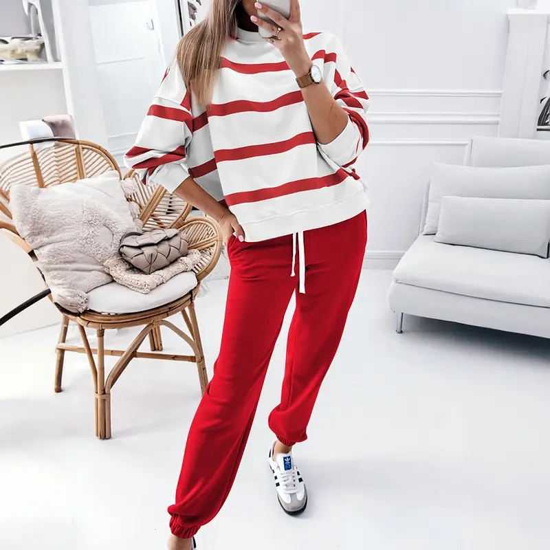 MULLVEIG Women's Stripe Drop Shoulder Pullover & Jogger Pants Set - Winter 2 Piece Lounge Outfit for Cozy Comfort Womenswear