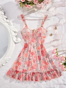 Women's Floral Print Ruffle Trim Spaghetti Strap Nightdress, Sexy Elegant Romantic Fitted Sleeveless Nightgown for Women, Women's Sleepwear for Summer