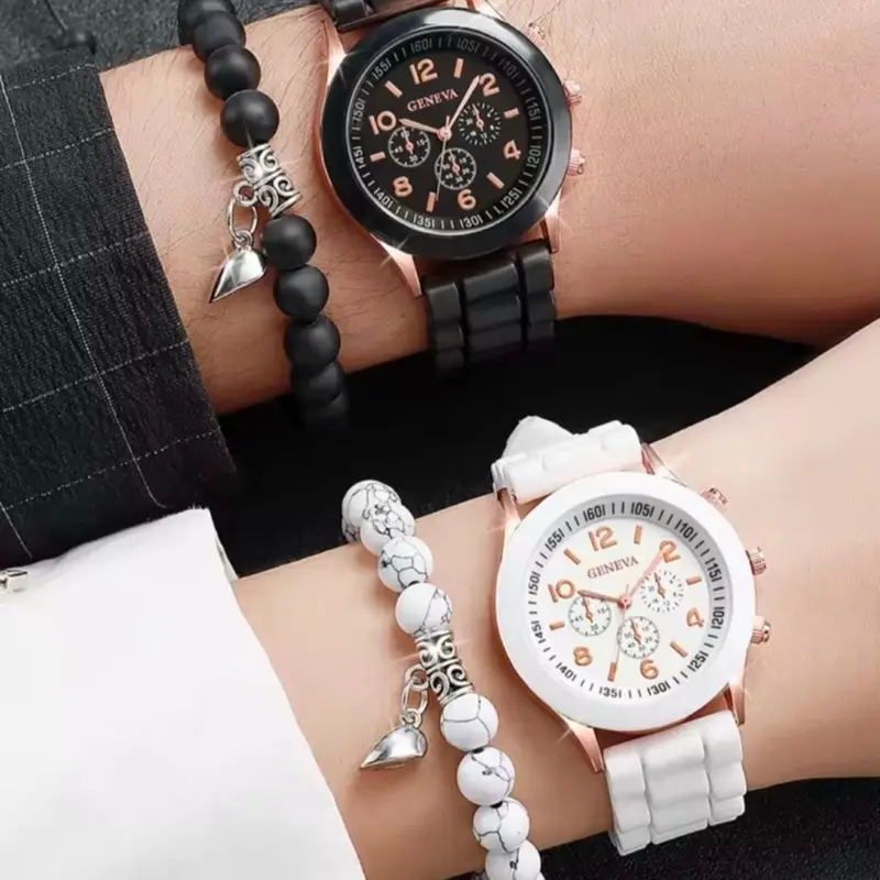 Geneva Rose Gold Accent Watch Duo - Stylish Analog Watches with Unique Beaded Straps for Fashionable Wearers