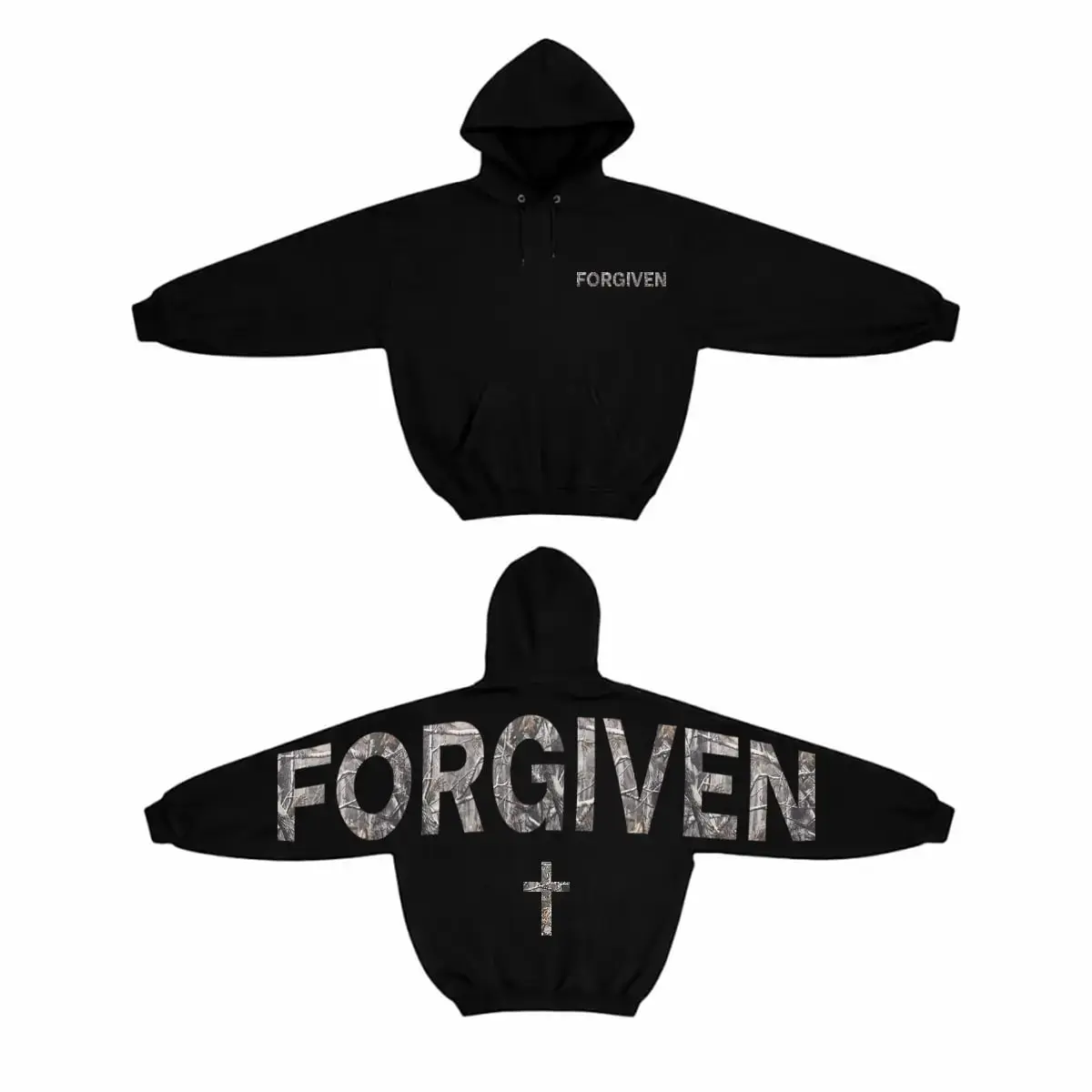 Camo Forgiven Cross Hoodie, Hunting Hoodie, Christian Faith Hoodie, Religious Christian Hoodie, Fashion Streetwear, Shoulder-to-Shoulder Back Lettering Hoodie, Trendy Graphic Hoodie Black Canvas