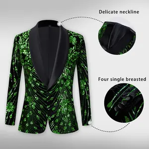 Men's Colorful Velvet Shiny Sequins Lapel Slim-Fit Stylish Blazer Jacket Dress Suit Costume for Homme Stage Clothes (Green)