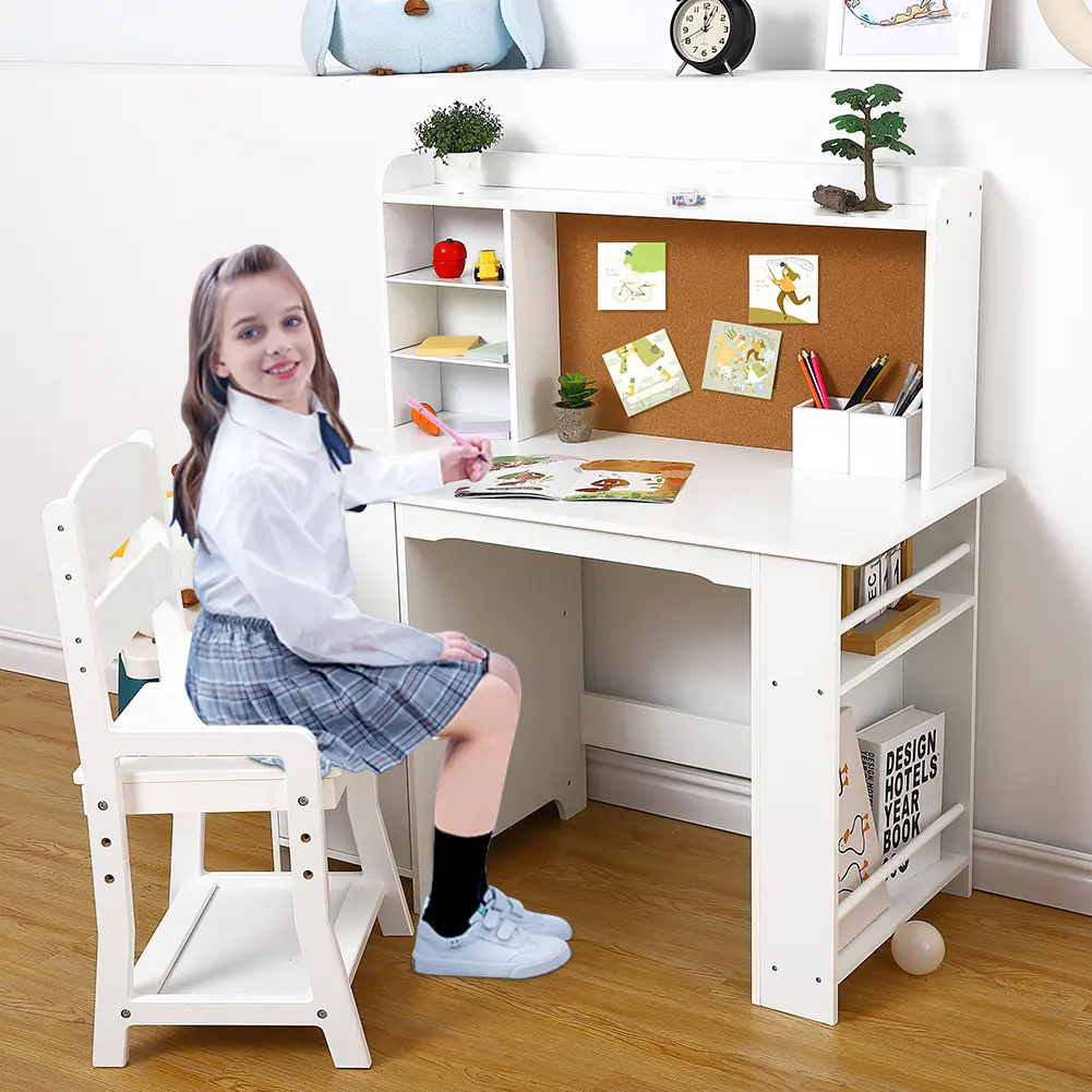 White Kids Study Desk and Chair Set with Bookshelf Children Wooden Writing Table with Height Adjustable Chair Cork Bulletin Board Storage Cabinet Activity Art Desk for Boys Girls Ages 3-8 Toddler Bedroom Playroom Furniture