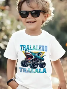 Summer Cool Boys' T-Shirt, Shark Monster Truck Print, Perfect for Summer, Kids Birthday Party, Park Play, Casual Wear