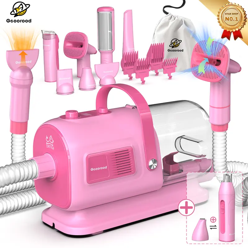 【Geoorood】Geoorood Dog Vacuum & Dryer for Shedding Grooming, 9 in 1 Dog Grooming Kit with Metal Blades Pet Clippers,Adjustable Speed&Temperature Control Blower, Professional Grooming Vacuum Kit,Proven Grooming Tool  Paw Trimmer#backtoschool