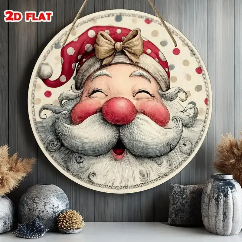 Wooden Santa Wall Decoration, Round Christmas Ornament with Hat & Beard, Perfect Holiday Decor for Home Office Kitchen Cafe