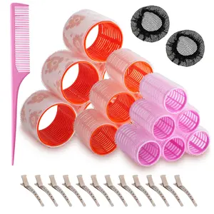 33 Pieces Printed Hair Rollers - 18 Self Grip Rollers, Jumbo Large medium 63mm, 44mm And 35mm Hair Curlers - 12 Stainless Steel Clips 1 Comb 2 Hair Nets for Curling and Hair Styling