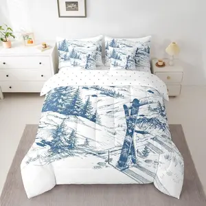 7 Piece Ski Sports Bed in a Bag for Boys Kids Teens Men Winter Sports Ski Theme Sheet Set,Snow Mountain Landscape Bedding Set with Comforter Skiing Sports Cushion Covers for Adult Men