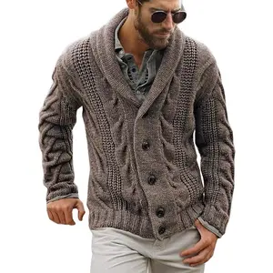 Mens Cable Knit Cardigan Sweater Shawl Collar Loose Fit Long Sleeve Casual Cardigans