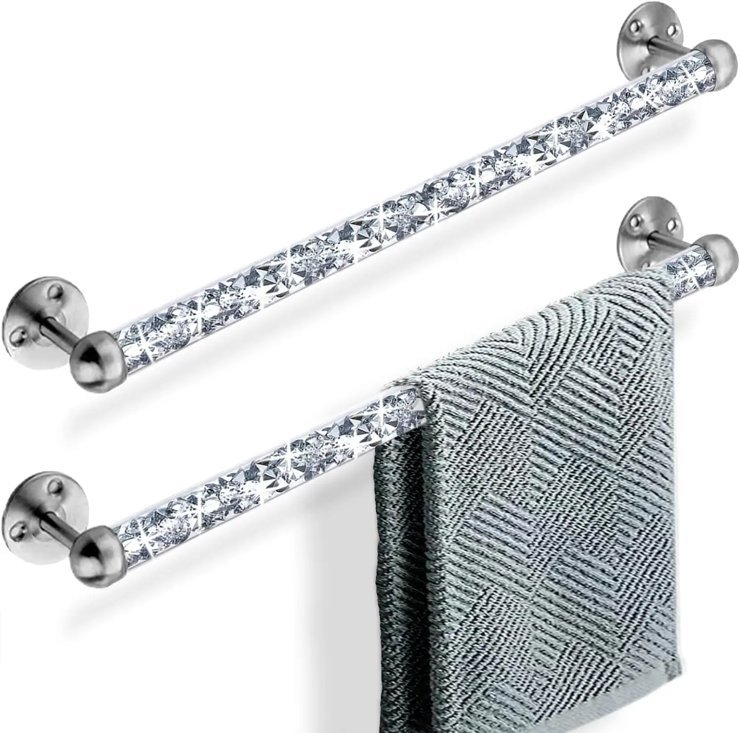 Crushed Diamond Glass Towel Bar for Bathroom Set of 2 Towel Rods Wall-Mounted (15.5”)