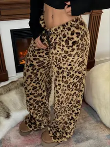 Women's leopard print fleece straight-leg Fitted Aesthetic pants with bow, warm and cozy fit, suitable for outdoor, everyday, and casual wear, Womenswear.#Warm Winter Outfit