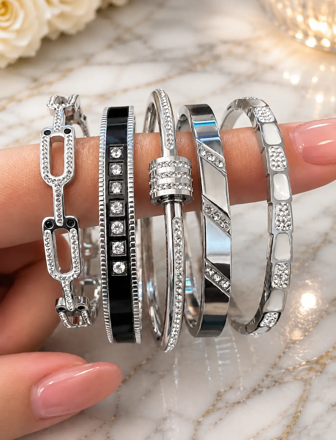 Elegant Woman Stainless Steel Bangle Set, Trendy Stack Bangle, 5 - Piece Fashionable Bracelet Classic Design, Stacked Design Bracelets, Perfect for Daily Wear & Special Occasions