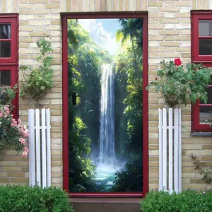 2pcs Tropical Rainforest Waterfall Wall Stickers Nature Scenery Home Decor Decals for Living Room BedroomWall Self Adhesive Removable Waterproof Eco Friendly PVC Material Sofa Backdrop Decorative Stickers