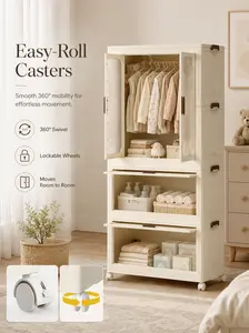 Home space-saving sturdy  with Wheels Cream White American Design Portable Wardrobe Closet Storage Organizer - Magnetic Doors, 4 Cubes, Hanging Rod, 10 Hangers - Quick-Assembly Clothes Dresser for Bedroom, Dorm Multifunctional Collapsible Bins