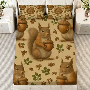 3Pcs Squirrel Acorn Leaf Fitted sheet Three Piece Set (1*Fitted Sheet+2*Pillowcases, Coreless), Autumn theme, Woodland Animal Bedding Set, Mattress protector Soft, Breathable Sheets