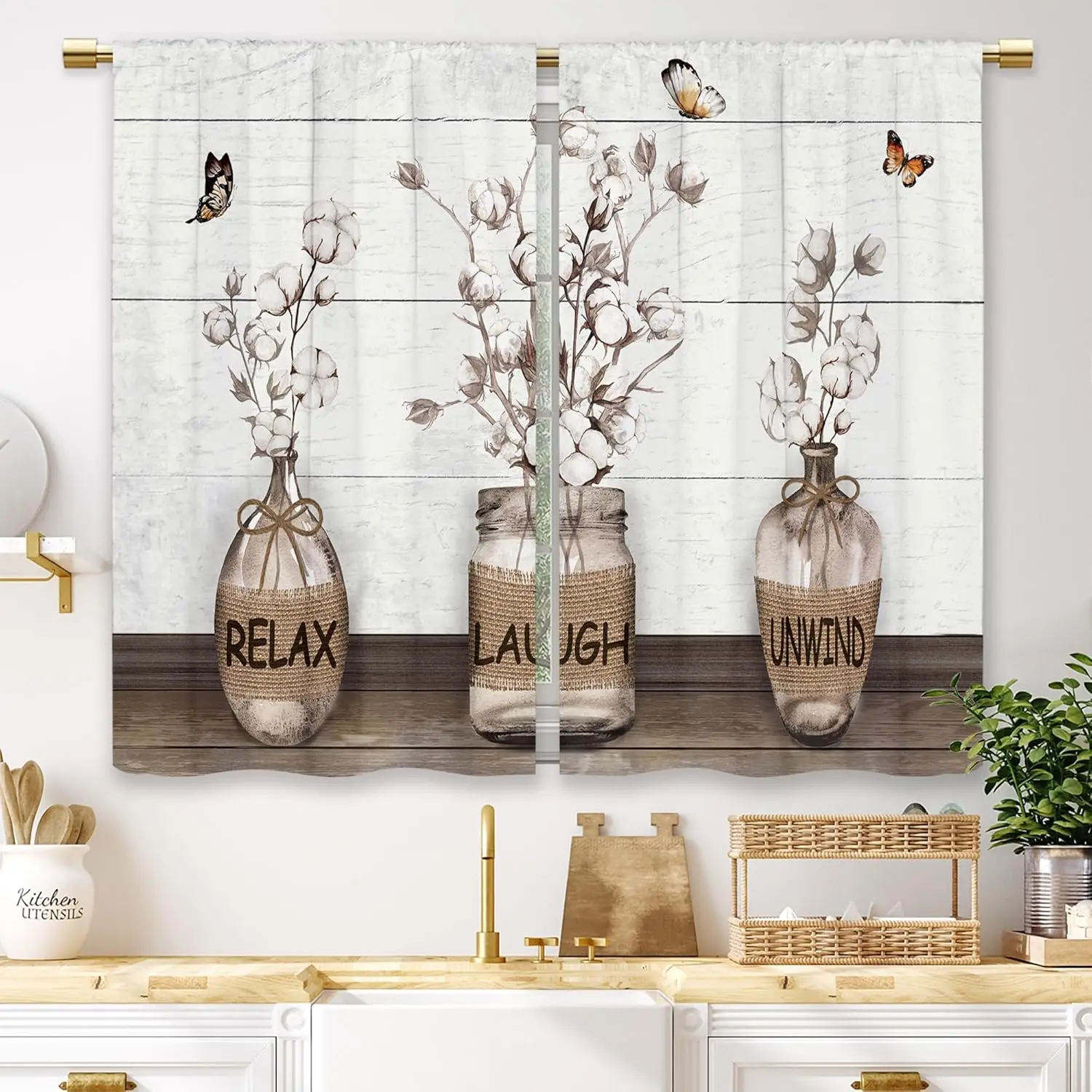 Farmhouse Rustic Kitchen Curtains Vintage Country Cotton Small Short Cafe Window Curtains Wooden Plank Retro Brown Rod Pocket Bathroom Window Drapes Treatment Curtains 2 Panels (27.5x39 Inch)