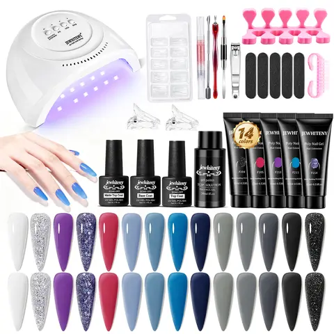 JEWHITENY 14pcs 48w Lightweight Polygel Nail Extension Kit - Nude, Grey, Black, Blue, Purple, Glitter Shades, UV Light, Base & Top Coat - All-In-1 Beautiful Nail Care Drying Kit for Adult Beginners DIY At Home