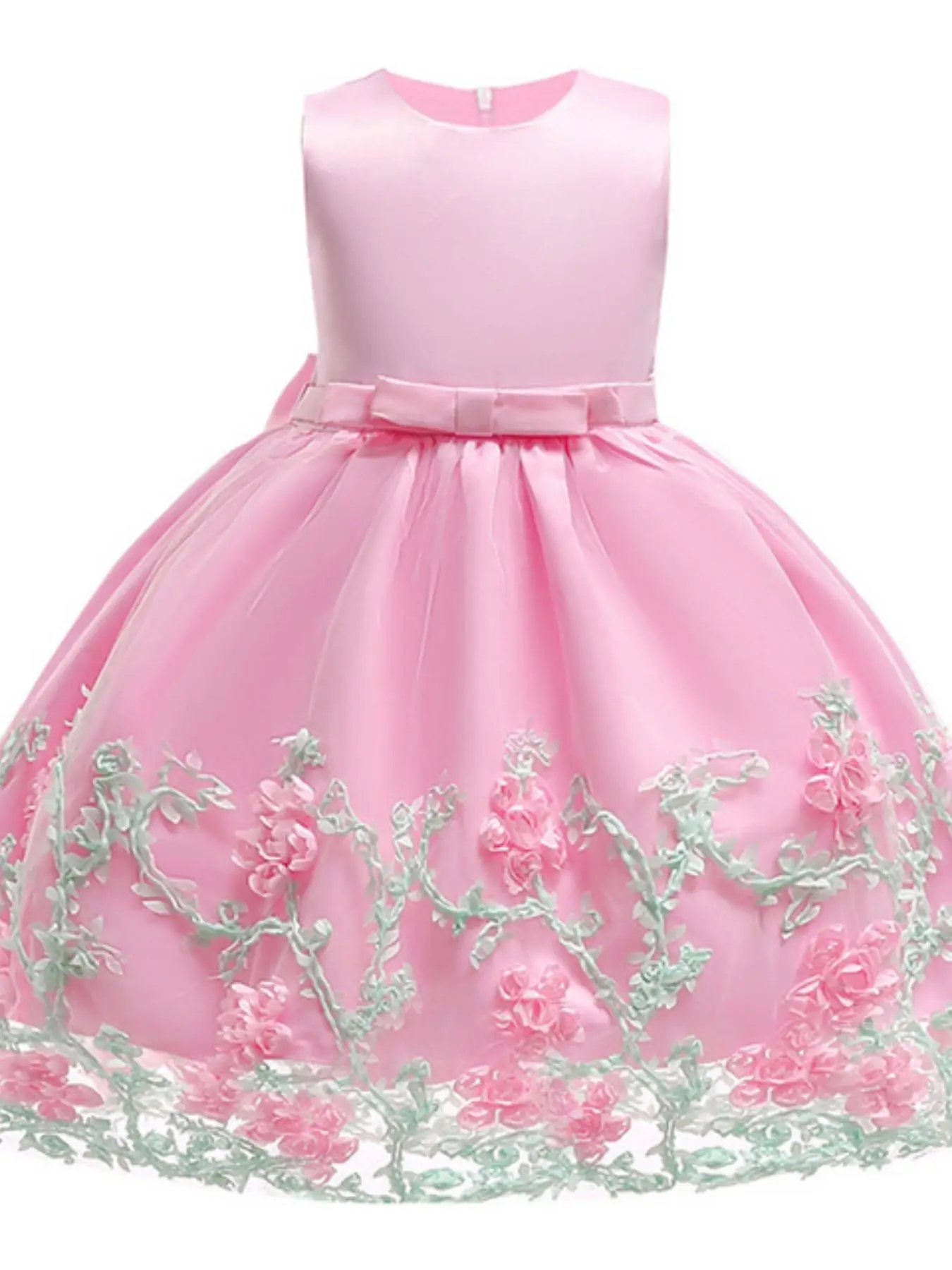 Girl's Floral Appliques Big Bow Decor Fit and Flare Dress, Elegant Sleeveless Round Neck Contrast Mesh Dress for Party, Kids Clothes for All Seasons