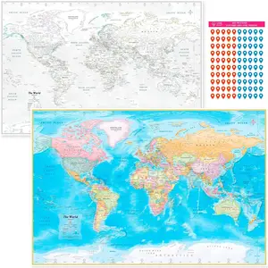 World Map Poster 24x36 Folded - Double-Sided Wall Map with Pin Stickers - -Resistant Travel Map for Planning &
