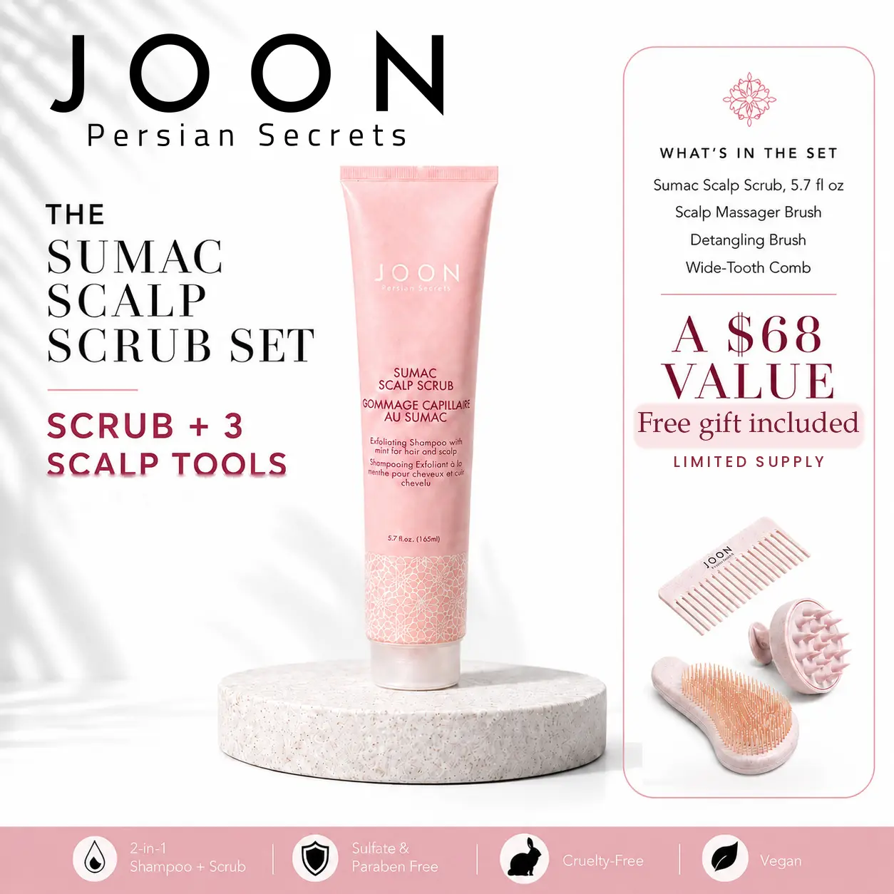 JOON Sumac Scalp Scrub & Brush Set | Includes 2-in-1 Exfoliating Shampoo + FREE Scalp Massager, Detangler & Wide-Tooth Comb | Replaces Your Wash for Buildup, Flakes & Oily Roots | 5.7 fl oz