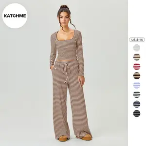KatchMe Women's Chic Square Neck Stripe Long Sleeve Crop Top & Low-Rise Wide Leg Trousers Co-ord, Basic Two Piece Outfits for Lady, Cozy Womenswear (3)
