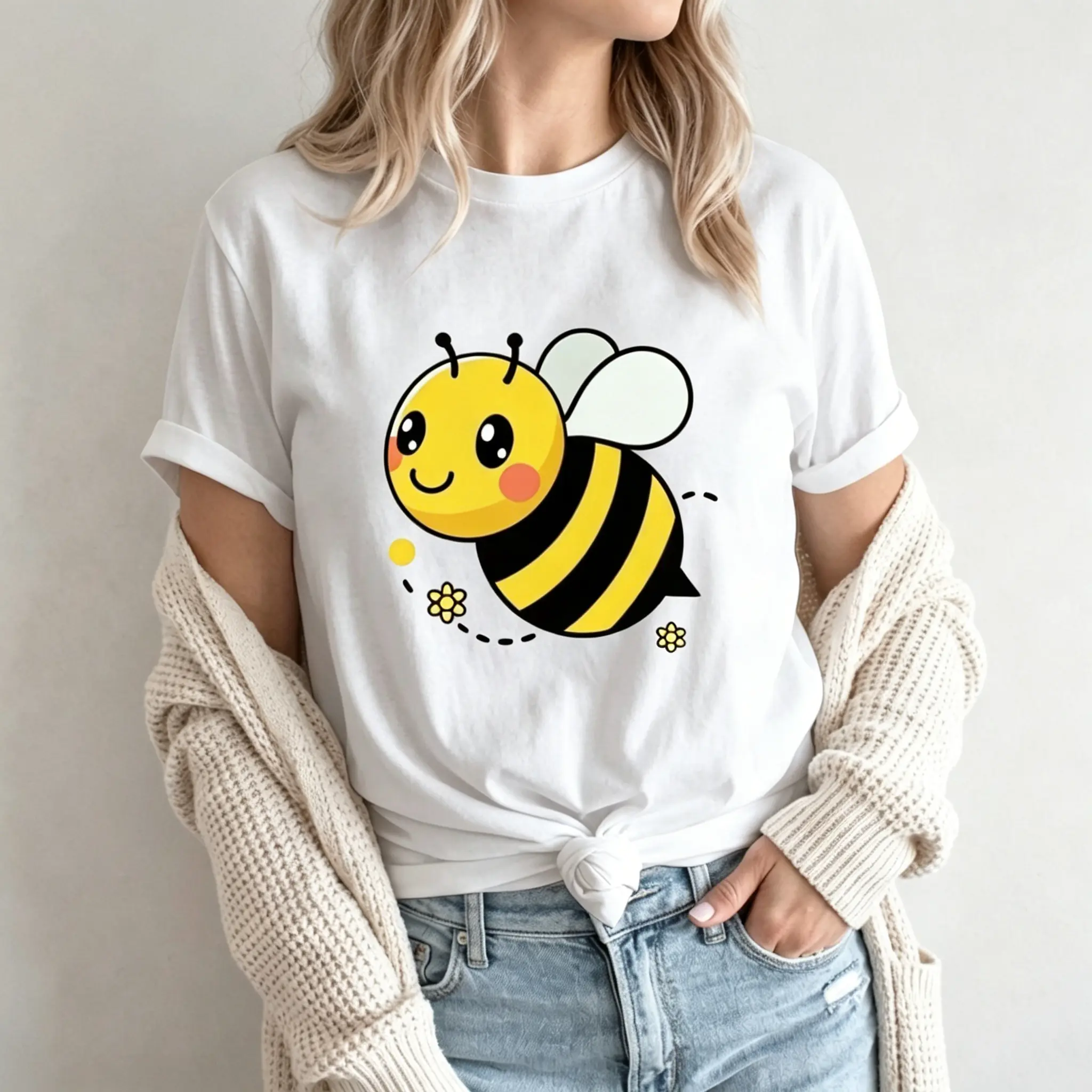 Women's   Short-Sleeve Round Neck Shirt - Cute Cartoon Bumblebee Printed Top, Kawaii Floral Casual Tee, Sweet Whimsical Style, Nature Lover Soft Daily Wear Fabric, Shortsleeve, Cartoon Style, Unisex