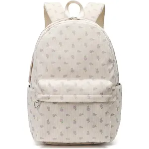 Kawaii Corduroy Backpack for Women Cute Floral Print Aesthetic Travel Book Bag  Preppy College Laptop Daypack ( Flower)